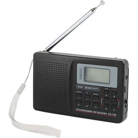 Radio numérique portable noire, AM/FM/SW, mémoire et alarme, haut-parleur intégré, écran rétroéclairé (1/4)