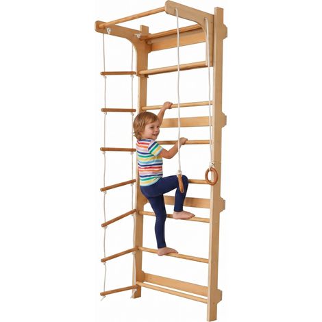 Relaxdays espaldera infantil, barra de dominadas, anillas, escalera, 215 x 80 x 57,5 cm, pared de escalada, natural