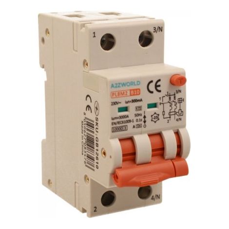 RCBO Interruttore Magnetotermico Differenziale Con Doppia Leva Tipo A Curva B 2P 2M 6000A 300mA, Diagnostica Visiva, B10A  AC 230V IP20 IEC61009-1 PL8M2