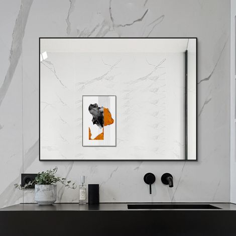 Miroir mural salle de bain 70x90 cm, cadre aluminium noir, glace haute définition sans cuivre, fixation murale verticale ou horizontale, idéal couloir, dressing et salle d'eau. (1/5)