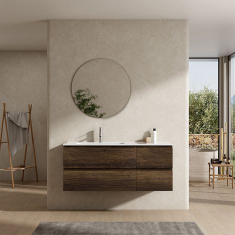Mobile bagno sospeso 120 cm Bruno Scuro Lavabo a Sinistra in Ceramica Specchio Tondo - Fiji Wood (1/4)