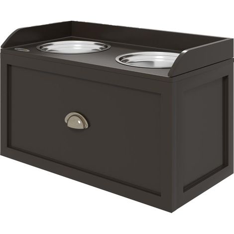 Station d'alimentation avec gamelles surélevées, 2 gamelles, 2 plateaux en acier inoxydable, 1 compartiment de rangement, 60 x 30 x 36 cm, marron
