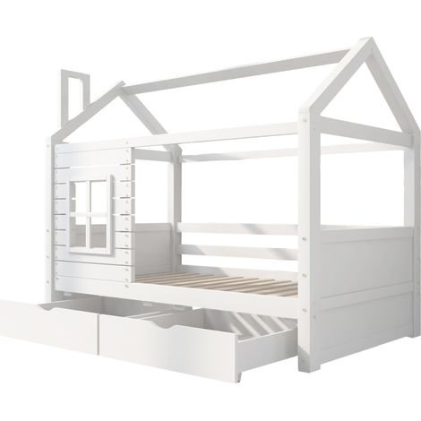 Lit cabane enfant 90 x 200 cm en bois de pin avec tiroirs et sommier blanc MODENUIT (1/5)