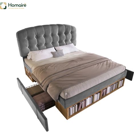 Cadre de lit en velours gris avec rangement 197 x 151 x 120 cm HOMAIRE (1/5)