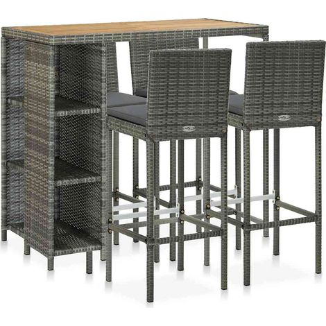 Set de bar para jardín 5 piezas y cojines ratán sintético gris vidaXL