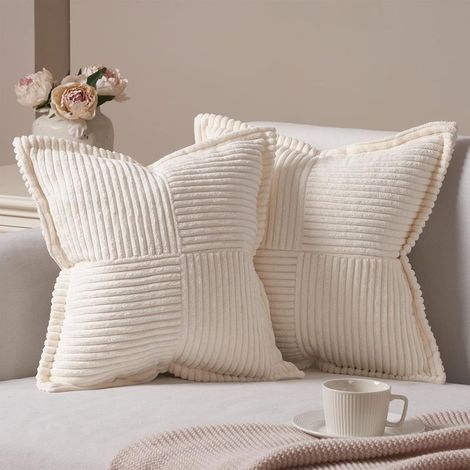 Housse de Coussin 45x45 Beige en Velours Côtelé à Rayures Croisés Housse Coussin Canapé Decoratif pour Salon de Jardin Chambre d'enfant, Aesthetic Bohème, Lot de 2 (1/5)