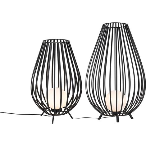 QAZQA Diseño Set de lámparas de pie negras con opal 110 cm y 70 cm - Angela Acero /Plástico Redonda Adecuado para LED Max. 1 x 40 Watt (1/5)