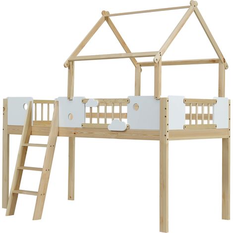 Lit mezzanine enfant 90x200 cm avec barrières, toit et échelle 3 marches blanc naturel (1/5)