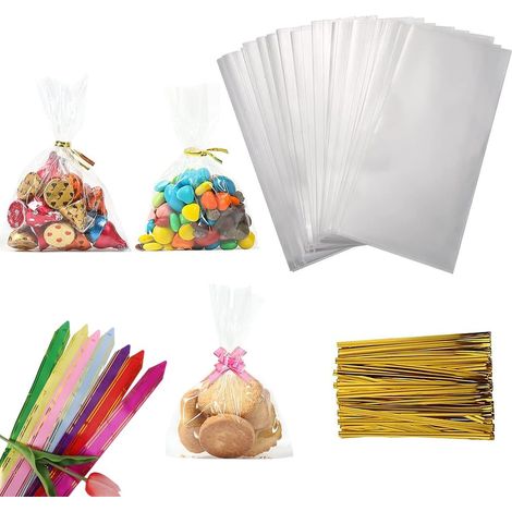 100 sacs en plastique transparent verre papier 15  25, sacs à biscuits de sécurité alimentaire avec 100 nœuds de couleurs mélangées aléatoirement et attaches torsadées, associés à 108 petits (1/5)