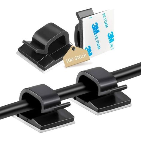 Pack of 100 self-adhesive cable clips for cable management, indoor and outdoor use (1/4)