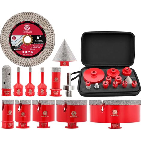 Foret Diamant Carrelage Kit - 13 pièces (6/6/8/20/25/35/50/68/110mm+20mm Fraise+50mm Mèches Chanfrein Biseautée+Adaptateur+125mm Disque) Scie Cloche Carrelage Kit pour Porcelaine Marbre Granit (1/5)