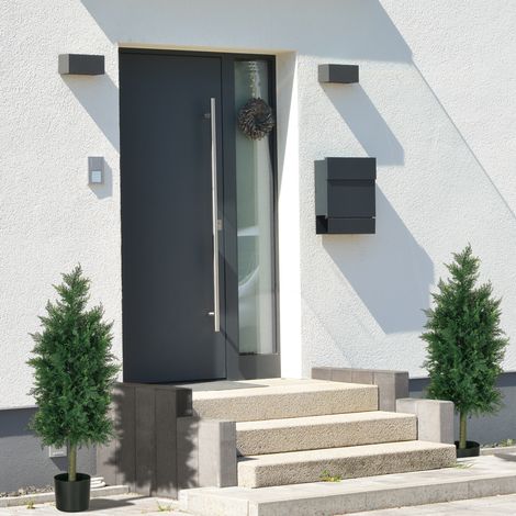 Lot de 2 faux cèdres en pot plastique PP, plantes en acier artificiel et béton avec feuilles en PE, 38x12,5x90 cm, vert