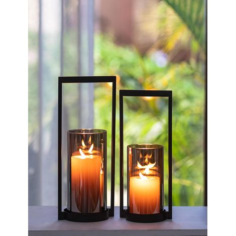 Bougeoir Noir avec Verre Fumé: Bougeoir sur Pied en Métal avec Verre Gris pour Décoration D'extérieur - Moderne Supports pour Bougies Piliers pour Salon À I'extérieur Appui de Fenêtre (1/5)