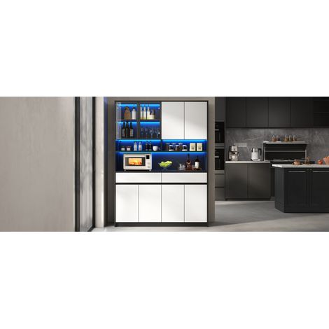 Buffet haut en MDF avec portes vitrées, éclairage LED réglable par application, étagères ouvertes et tiroirs pour salon (1/5)