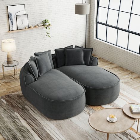 Sofas gerade - Modulares 2-Sitzer Sofa mit Liegefläche, Kissen, tiefer Sitzfläche, ohne Montage, in Chenille grau (1/5)