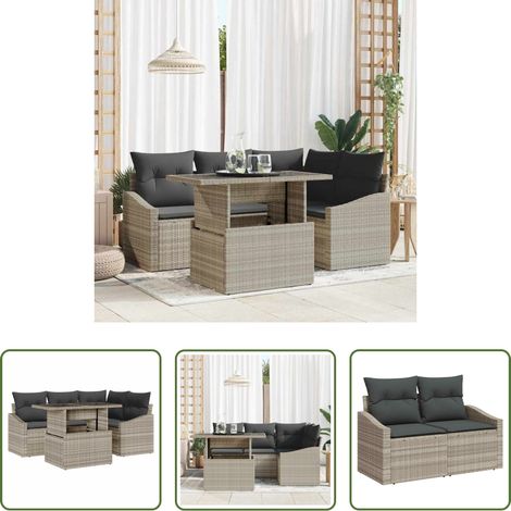 Poly-Rattan - Gartensofa-set mit Kissen 5 pcs Hellgrau Poly-Rattan (1/5)
