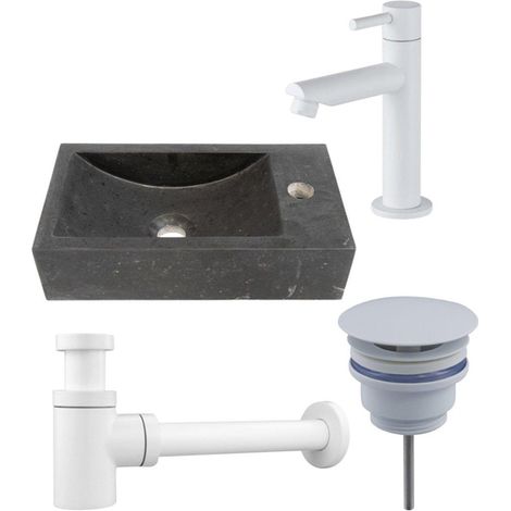Saniclass Fuente ensemble de fontaine - 40x22x10cm - 1 trou de robinet - à droite - pierre naturelle - robinet de lave-mains blanc mat - foncé