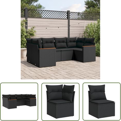 The Living Store Salon de jardin 6 pcs avec coussins noir résine tressée - Salon De Jardin - Mobilier De Jardin - Salon Extérieur - Set De Canapés - Résine Tressée (1/5)