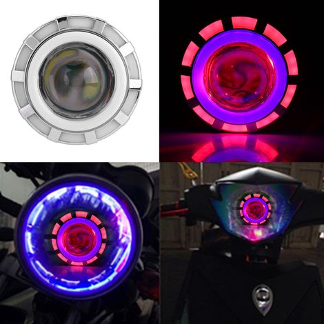 Nouvelle moto modifiée avec phare stroboscopique à LED à double lentille angel eye tricolore, rond (bleu et rouge). (1/5)
