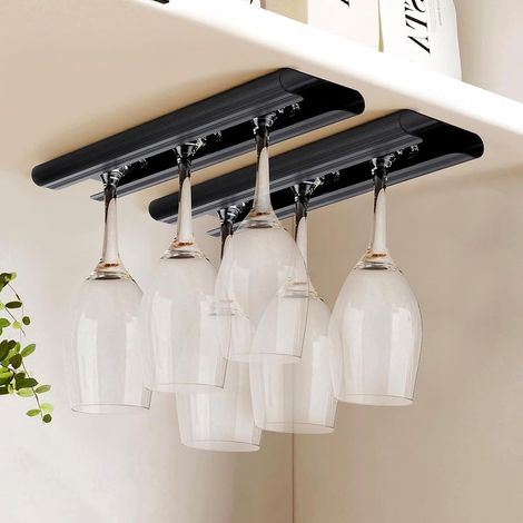 Lot de 2 (noirs) porte verres à vin de 30 cm à fixer sous un meuble, en alliage d'aluminium, pour la cuisine et le bar (1/5)