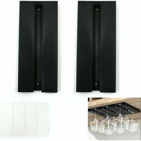 Porte-Verres à Vin Suspendu - Sans Perçage - Pour Armoire Cuisine ou Bar - Capacité 3 Verres - Métal Noir - Lot de 2