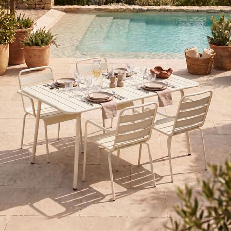 Ensemble table de jardin + 4 fauteuils en métal beige - BACA (1/5)