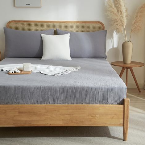 Drap Housse 140x200 Coton Gris Bonnet 30 cm Gaze de Coton Double en Super Doux Confortable Respirant Drap de lit pour Matelas Épais (1/5)