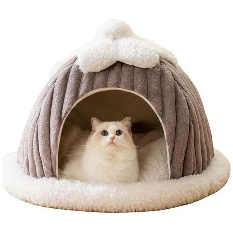 Katzenhöhlenbett, niedliches Cartoon-Haus, Zelt mit abnehmbarem, waschbarem Kissen, warm für Hunde und Katzen in der Wohnung (S, Grau)