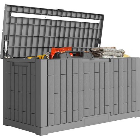 Gartenbox 379 Liter Wasserdicht Abschließbar UV-beständig Auflagenbox mit Holzoptik für Garten 122,5x56x62cm Grau