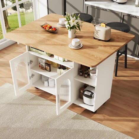 Îlot de cuisine, îlot de cuisine moderne, meuble de cuisine, buffet de service amovible, desserte en bois, buffet, table à manger multifonctionnelle avec rangements, blanc (1/5)