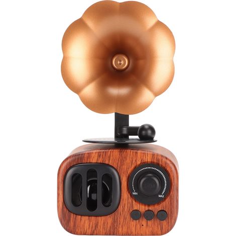 Enceinte Bluetooth rétro en forme de trompette, basse puissante, style bois, portable, stéréo, couleur bois clair, idéale pour la maison. (1/5)