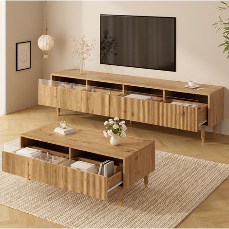 TV-Möbel-Set aus MDF in Holzfarben: TV-Schrank 178 x 35 x 45 cm & Couchtisch 110 x 50 x 40 cm mit LED und Stauraum (1/5)