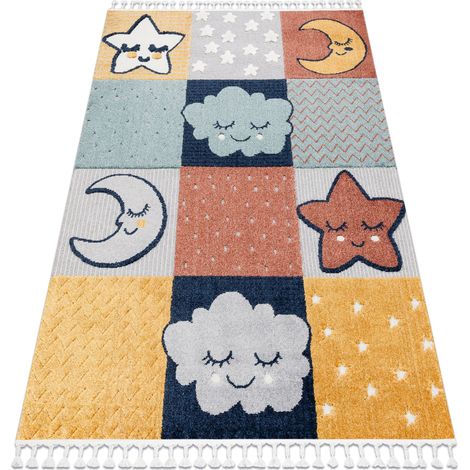 Carpet YOYO GD52 grey / yellow - Stars, clouds, patchwork for children, structural, sensory Fringes multicolour 200x290 cm