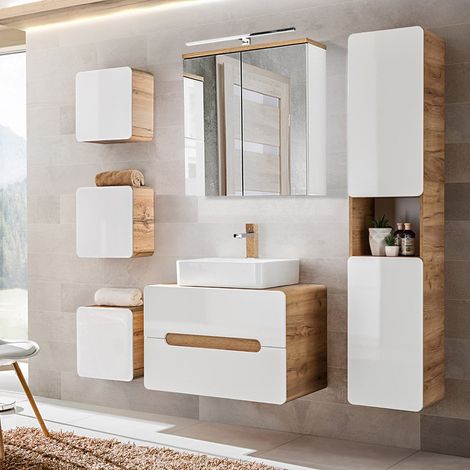 Badezimmer Komplett-Set Hochglanz weiß, Wotan Eiche Nb. LUTON-56 Keramik-Waschtisch, LED-Spiegelschrank B/H/T ca. 180/200/46 cm (1/5)
