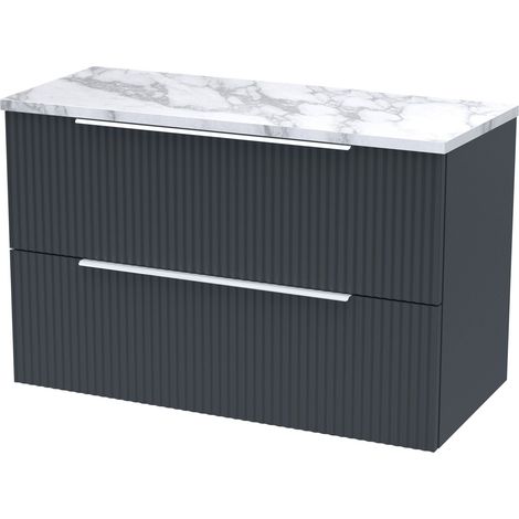 Tixall Fluted 2 Drawer Wall Hung Vanity Unit with Laminate Worktop, Dark Grey, 800mm (1/4)