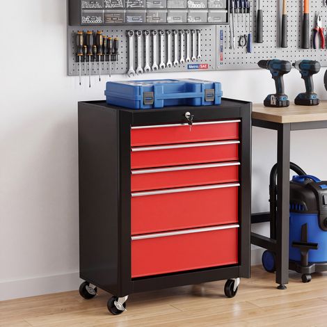Chariot à outils à 5 tiroirs, tapis EVA, serrure et 2 clés, 4 roues pivotantes, noir et rouge (1/5)