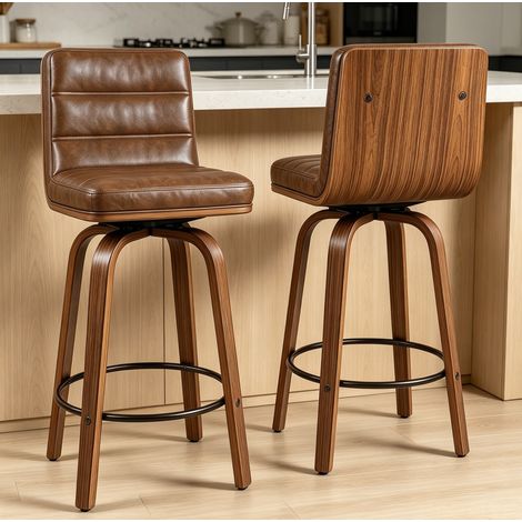 Taburete de bar giratorio 360°, respaldo ergonómico, tapicería de PU, patas de madera curvadas, color marrón (1/5)