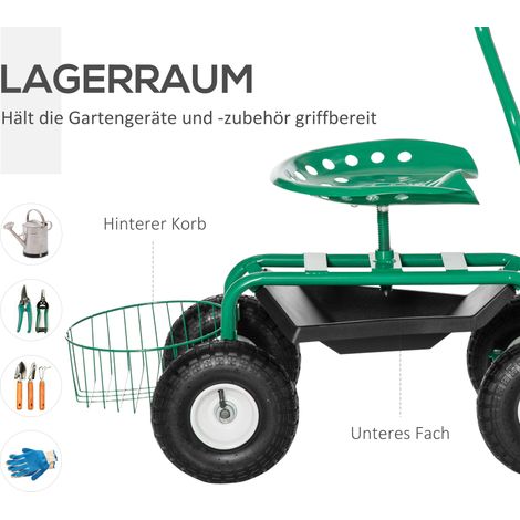Chariot de jardin orientable 360° et réglable en hauteur, avec étagère de rangement, roulettes, poignée, tabouret mobile, siège pivotant de travail, supporte 150 kg, assise roulante en métal vert pour