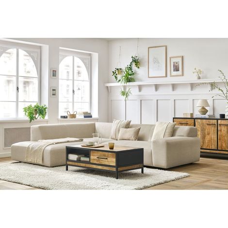 BOBOCHIC - Canapé d'angle fixe compact LAVENA tissu velours Angle gauche Beige (1/5)