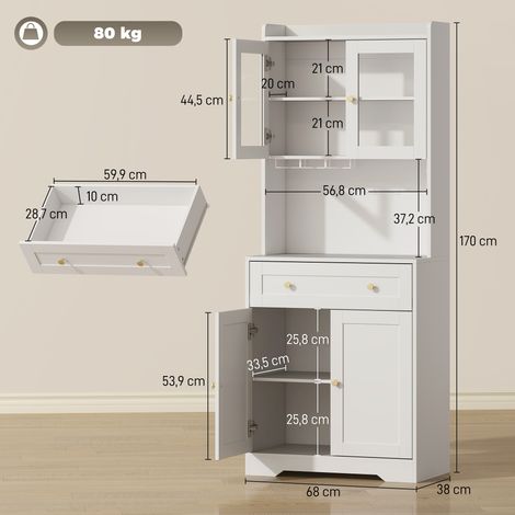 Meuble de cuisine avec plan de travail, porte-verres à vin, garde-manger pour cuisine ou salle à manger, 170 cm, MDF, verre, blanc (1/5)