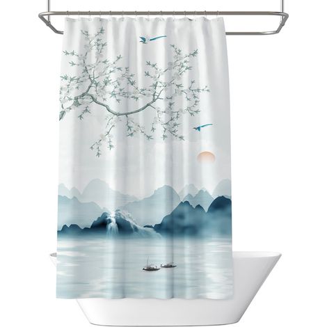 Rideau de douche blanc (80 x 180 cm), résistant à la moisissure, imperméable, lavable, motif Noël, EVA, 12 crochets (1/5)