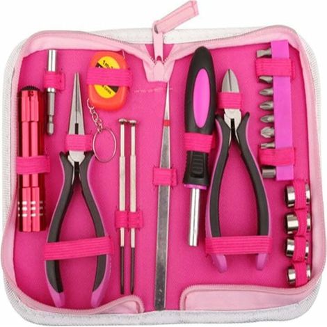 Ensemble d'outils rose 23 pièces avec étui de rangement en nylon rose pour bricolage et réparation à domicile, bureau - pink (1/5)