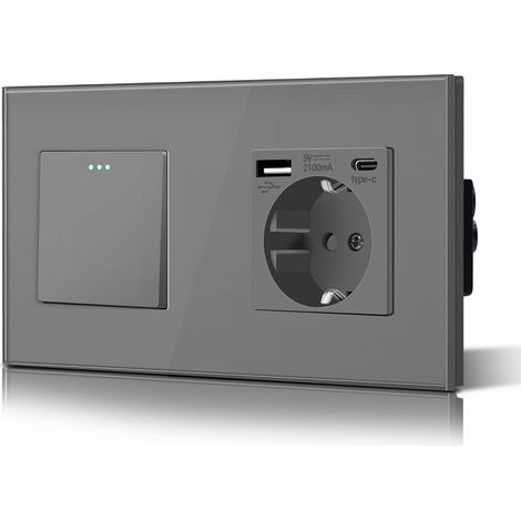 Interrupteur commutateur 1 gang 2 voies avec prise USB/type C, cadre en verre, 10 A, interrupteurs muraux avec point phosphorescent, installation horizontale ou verticale, 157 mm, gris (1/5)