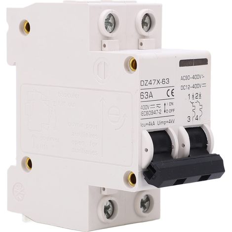 Interruttori automatici miniaturizzati da 63 A 400 V CA/CC, potere di interruzione 2P 4 kA, interruttore automatico ignifugo adatto per impianti fotovoltaici, installazione su guida DIN da 35 mm.