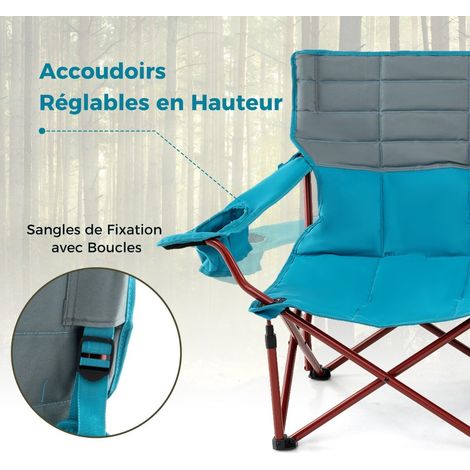 Chaise de camping surdimensionnée 2 places avec accoudoirs réglables et porte-gobelets, sac de transport, capacité 272 kg - bleu (1/5)