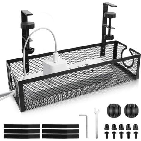 Plateau de Gestion des Câbles Sous le Bureau, Rangement Cable Bureau Panier de Câbles de Table en Maille Sans Perçage Rangement Cable Bureau pour La Gestion des Câbles et des Multiprises Noir (1/5)