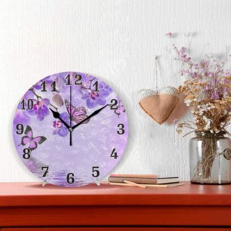 Horloge murale ronde en acrylique - Motif floral et papillon - Silencieuse - Sans tic-tac - Pour enfants - Pour chambre à coucher (1/4)