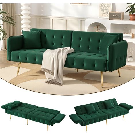 Canapé convertible en velours 2 places 2-en-1 – Dossier 3 positions accoudoirs – 6 réglages pieds métal doré – Canapé-lit pour salon studio – 175 x 82 cm – Vert (1/5)
