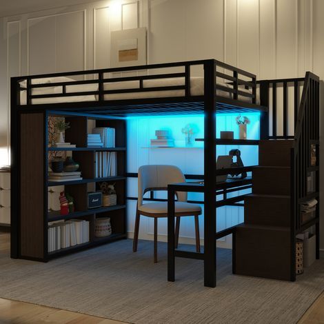 Lit mezzanine 140x200 cm avec bande lumineuse LED et bureau, Lit enfant avec étagère et espace de rangement, Structure en fer, Noir