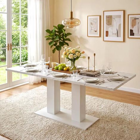 Table à manger extensible 180×70×75 cm Table à manger moderne Bureau pieds en métal Placage Marbre pour 6-8 personnes Blanc